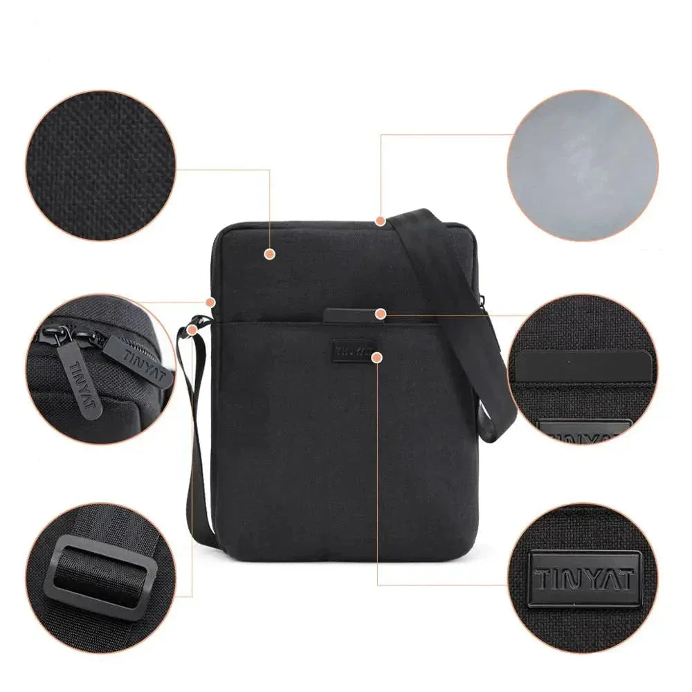 Borsa a tracolla nera TINYAT in tessuto resistente, con cerniera robusta, tasche multiple e tracolla regolabile. Design elegante e funzionale.