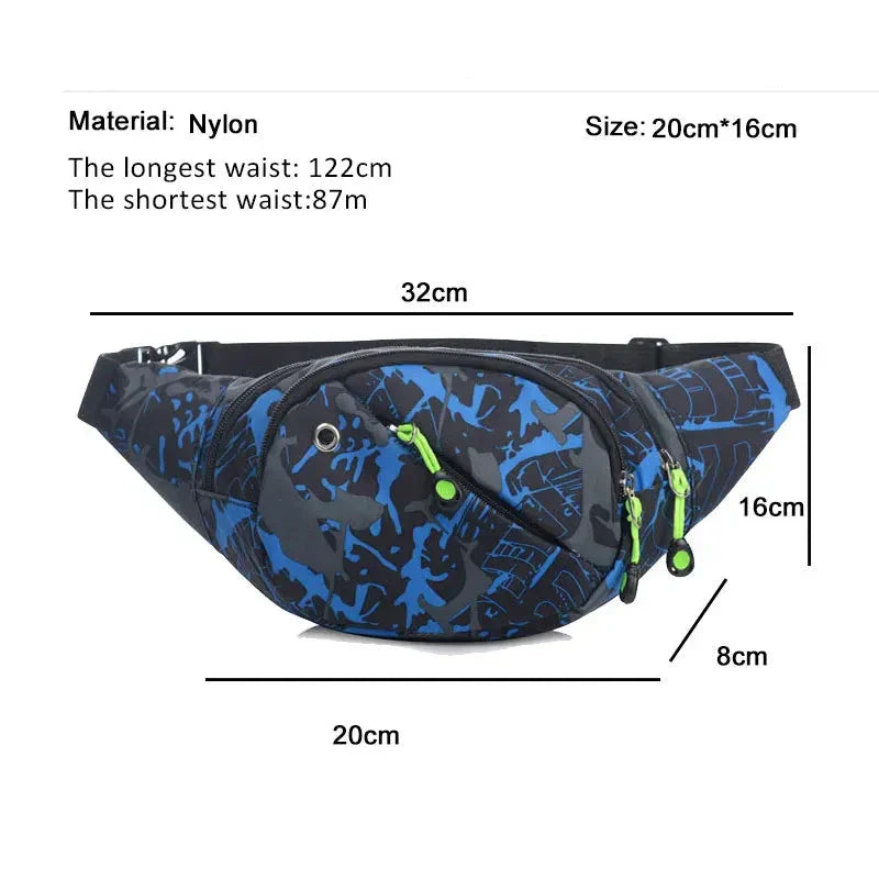 Marsupio in nylon nero e blu con stampa camouflage, dimensioni 20x16 cm, tasche multiple con cerniere verdi, cintura regolabile fino a 122 cm.