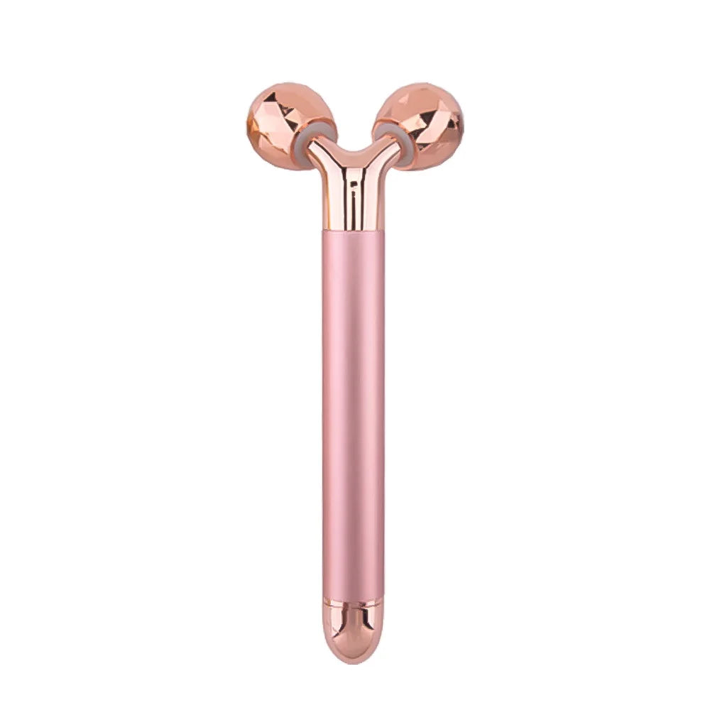 Rullo massaggiante viso rosa oro, doppia sfera, strumento bellezza anti-età, lifting, tonificante, cura pelle, accessorio skincare.