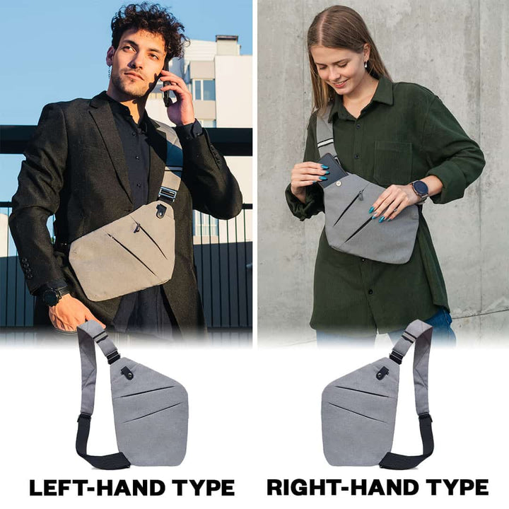 Due persone indossano borse a tracolla grigie, una per mancini e una per destrimani. Design moderno, ideale per moda urbana e praticità quotidiana.
