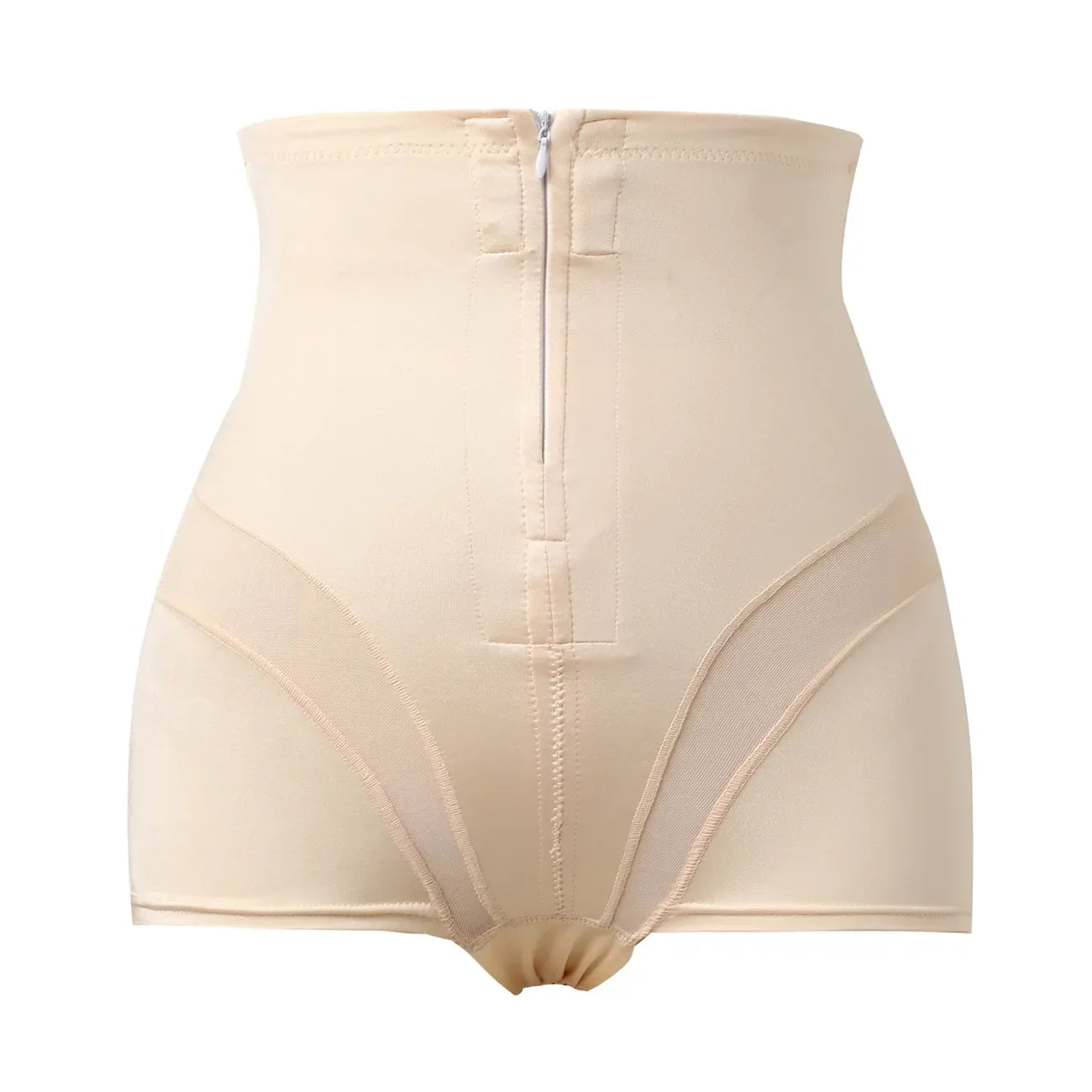Corsetto modellante beige a vita alta con cerniera frontale, design snellente, intimo contenitivo per donna, tessuto elastico e confortevole.