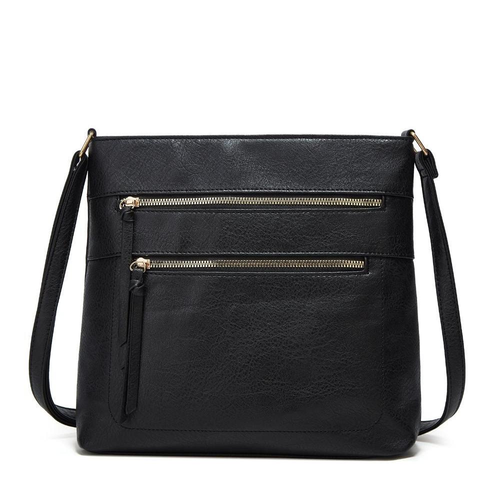 Borsa a tracolla nera in pelle sintetica con doppie cerniere frontali, design elegante e moderno, ideale per donna. Accessorio moda versatile.