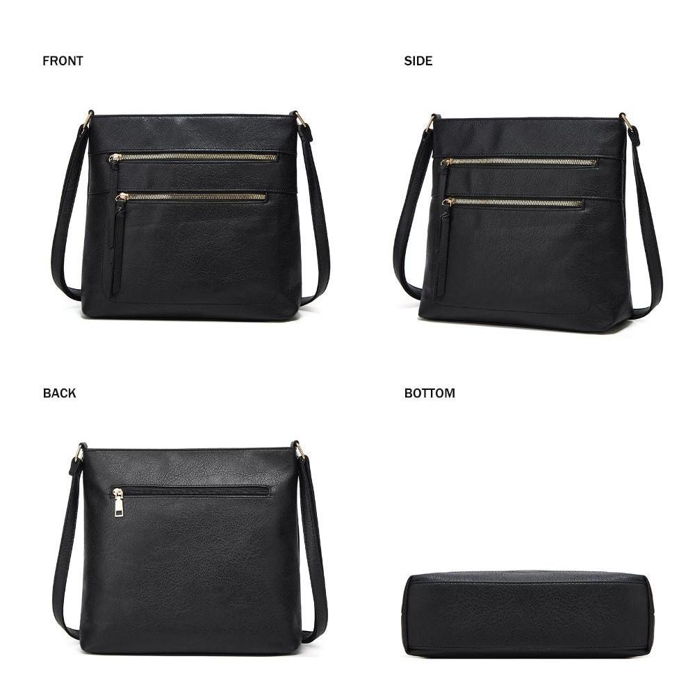 Borsa a tracolla nera in pelle sintetica, vista frontale, laterale, posteriore e inferiore, con cerniere dorate e tasche multiple.