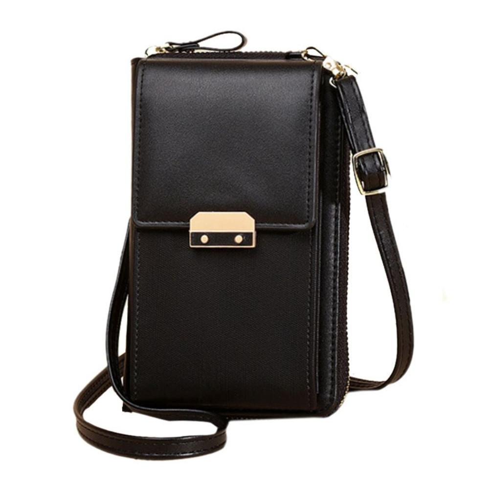 Borsa a tracolla nera in pelle sintetica, design elegante con chiusura in metallo dorato, ideale per smartphone e accessori.