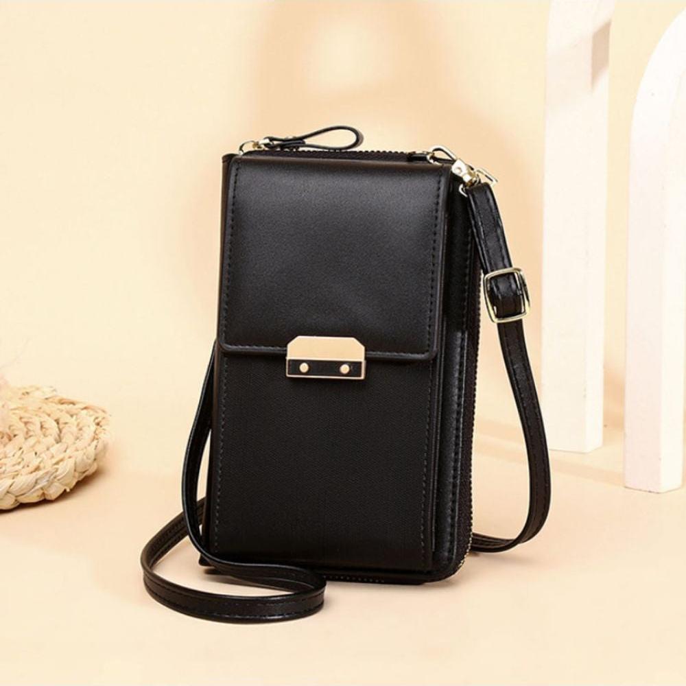 Borsa a tracolla nera in pelle PU, design elegante con chiusura a scatto, ideale per smartphone e accessori. Perfetta per moda donna.