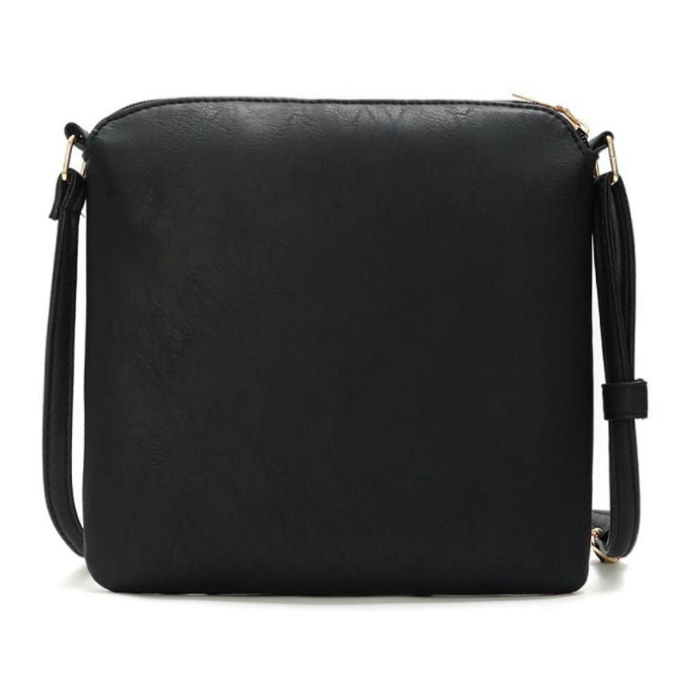 Borsa a tracolla nera in pelle sintetica, design minimalista, chiusura con zip, ideale per donna, moda casual ed elegante.
