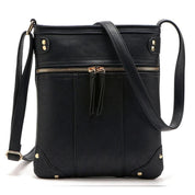 Borsa a tracolla nera in pelle sintetica con cerniera dorata, design elegante e moderno, ideale per donna, accessorio moda versatile e pratico.