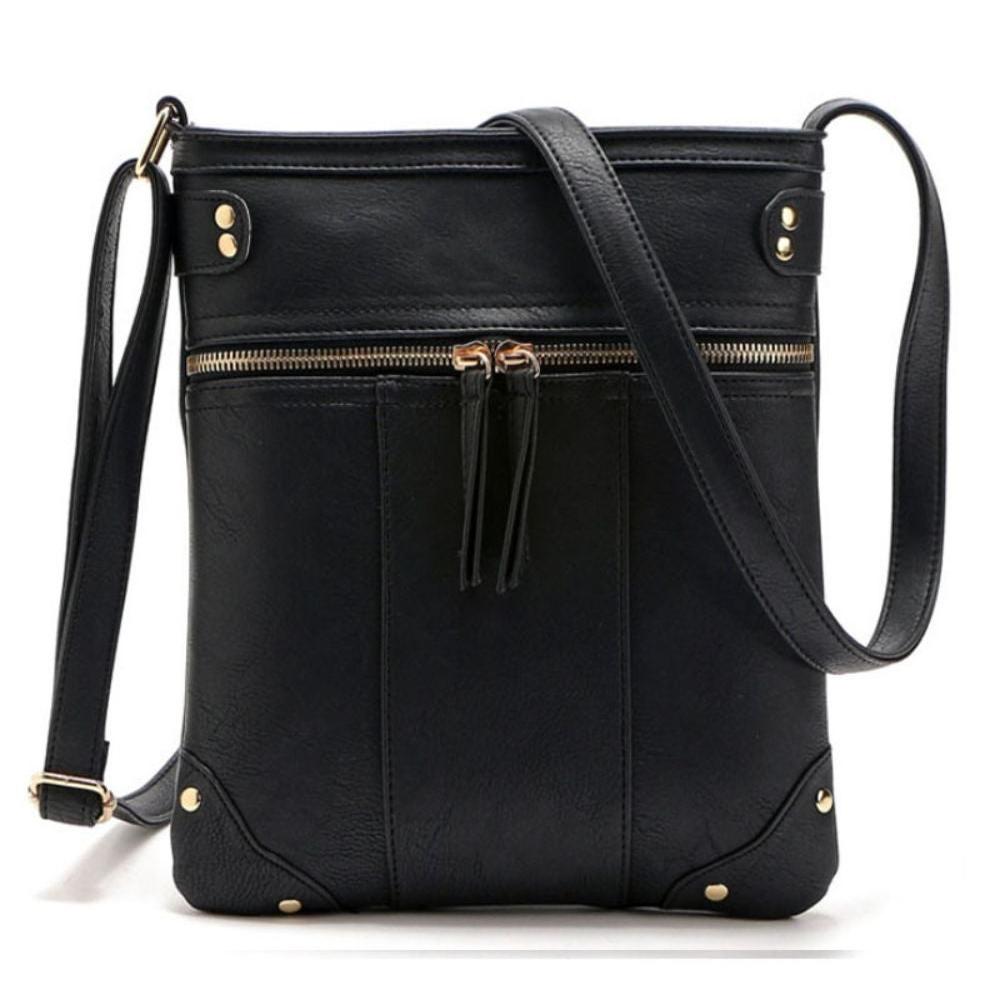 Borsa a tracolla nera in pelle sintetica con cerniera dorata, design elegante e moderno, ideale per donna. Accessorio moda versatile e pratico.