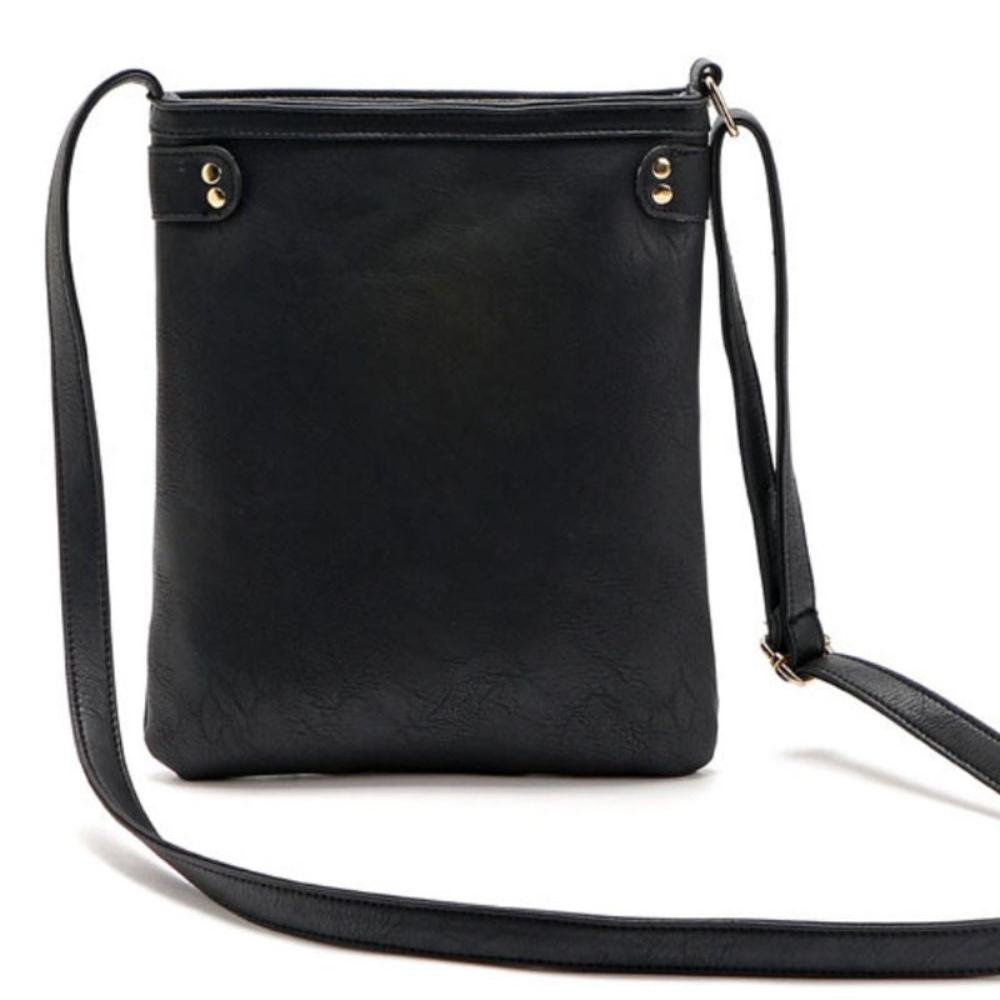 Borsa a tracolla nera in pelle sintetica, design minimalista, chiusura con bottoni, ideale per moda donna, accessorio elegante e versatile.