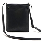 Borsa a tracolla nera in pelle sintetica, design minimalista, chiusura con bottoni, ideale per moda donna, accessorio elegante e versatile.