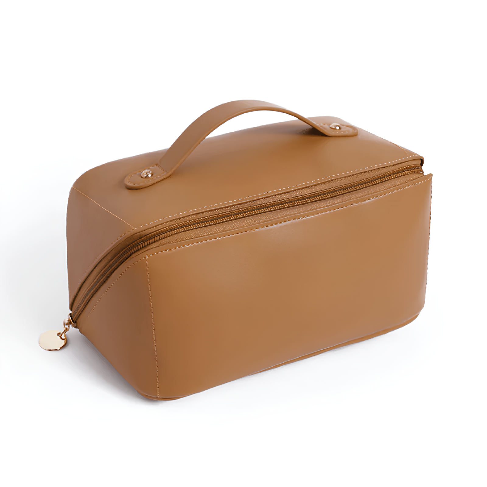 Borsa da toilette in pelle marrone chiaro con cerniera dorata e manico superiore. Elegante e pratica per viaggi e organizzazione.
