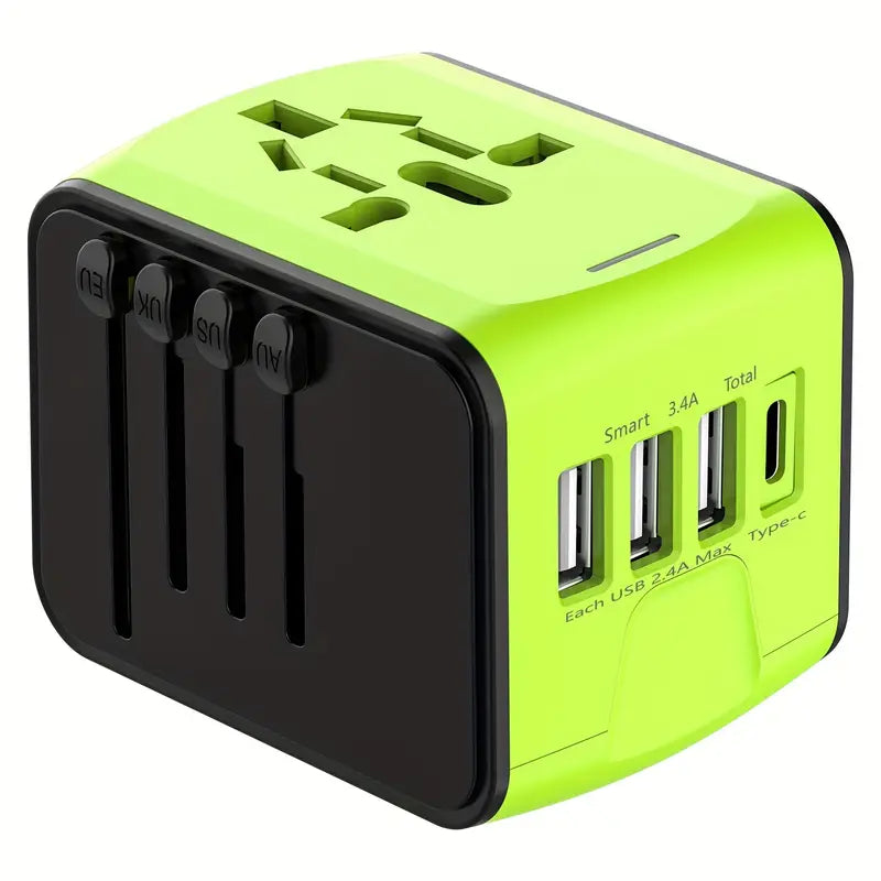 Adattatore universale da viaggio verde e nero con prese multiple, porte USB e Type-C. Accessorio compatto per ricarica dispositivi internazionali.