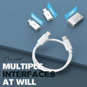 Adattatore USB multi-interfaccia con connettori per Android, iOS e USB, cavo bianco flessibile, compatibile con vari dispositivi elettronici.