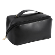 Borsa da toilette nera in pelle sintetica con cerniera dorata e manico superiore. Elegante e pratica per viaggi e organizzazione accessori.
