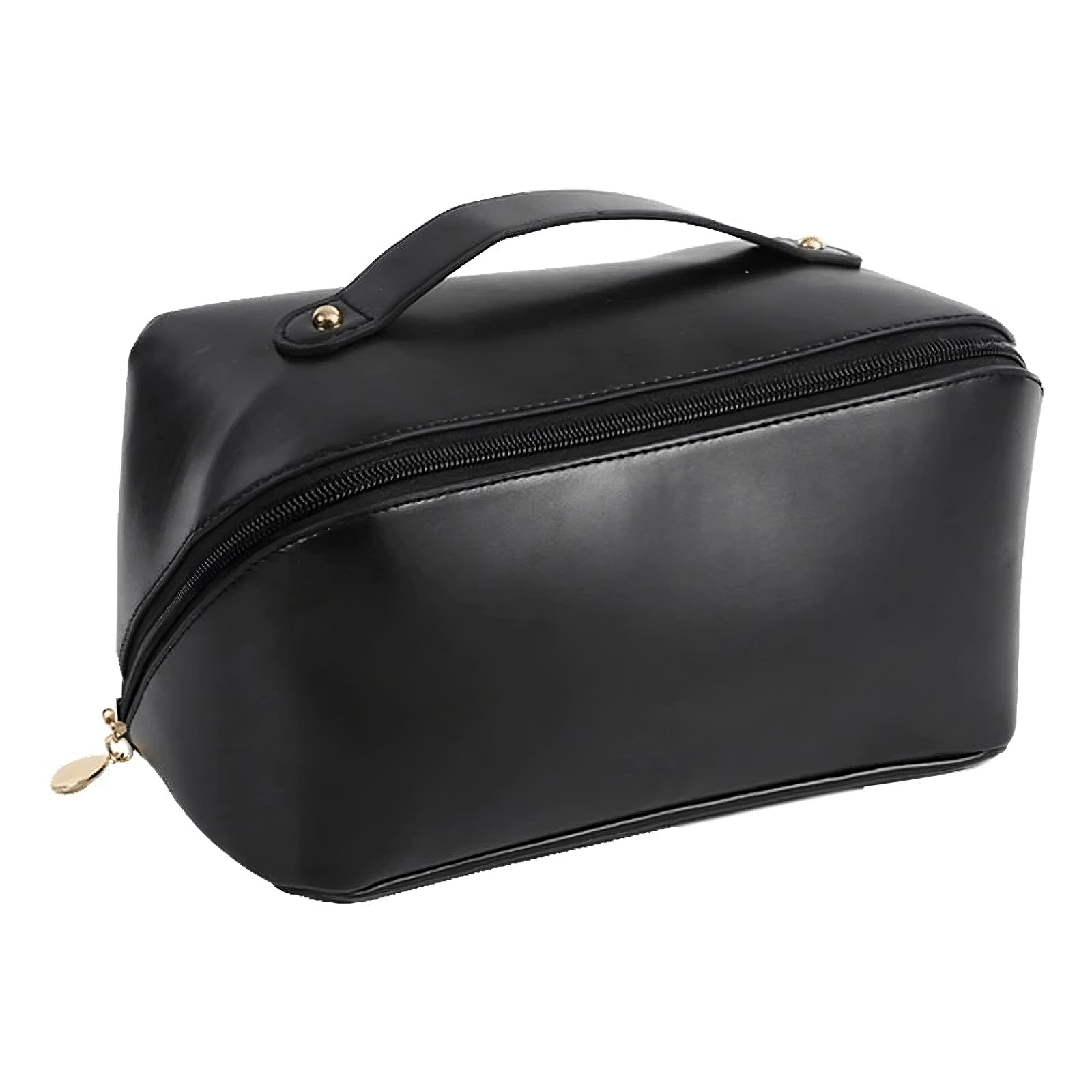 Borsa da toilette nera in pelle sintetica con cerniera dorata e manico superiore. Elegante e pratica per viaggi e organizzazione accessori.