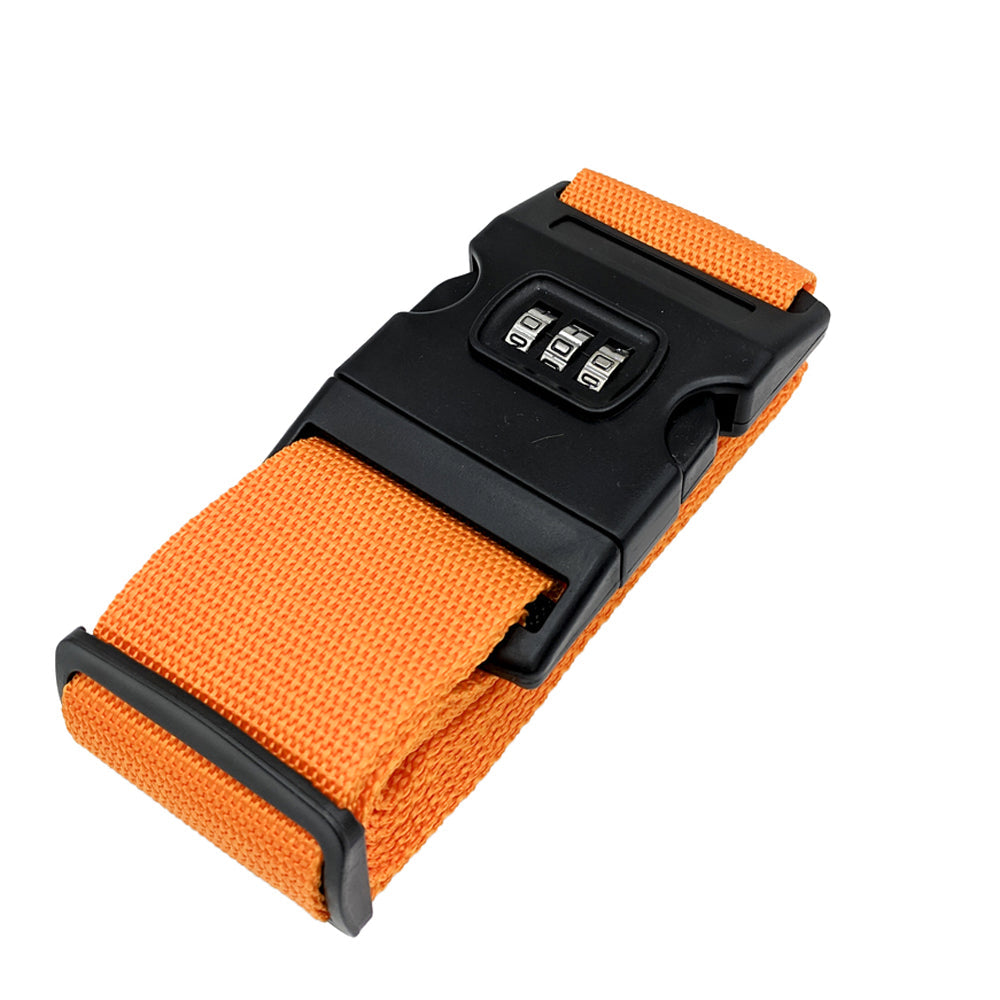 Cintura bagaglio arancione con chiusura a combinazione numerica nera, accessorio viaggio sicuro, regolabile, resistente, ideale per valigie.