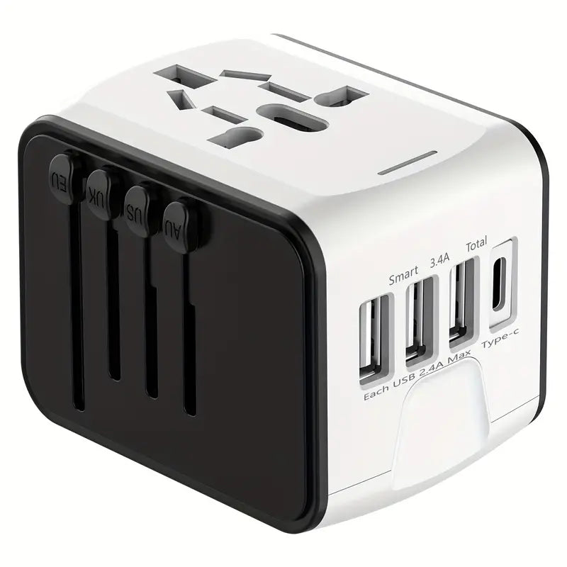 Adattatore universale da viaggio con prese multiple, porte USB e Type-C, compatibile con spine internazionali. Accessorio essenziale per viaggiatori.