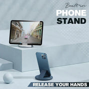 Supporto per telefono integrato, design moderno, compatibile con smartphone, ideale per videochiamate e streaming, colore grigio, pratico e stabile.