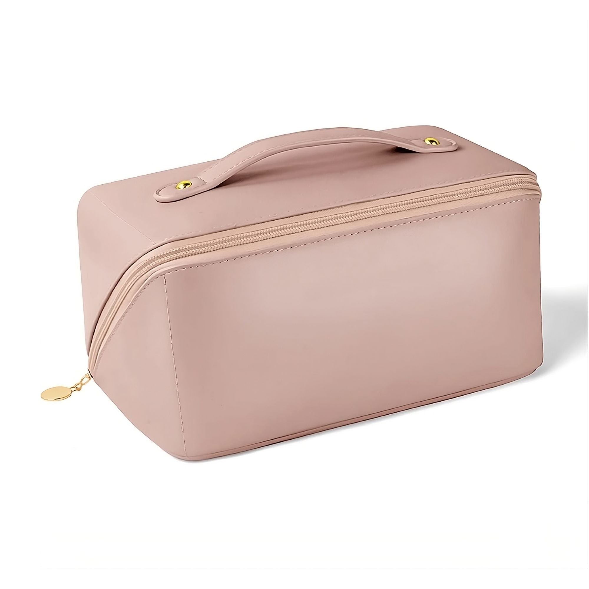 Borsa cosmetica rosa cipria in pelle sintetica con cerniera dorata e manico superiore. Elegante e pratica per viaggi e organizzazione trucco.