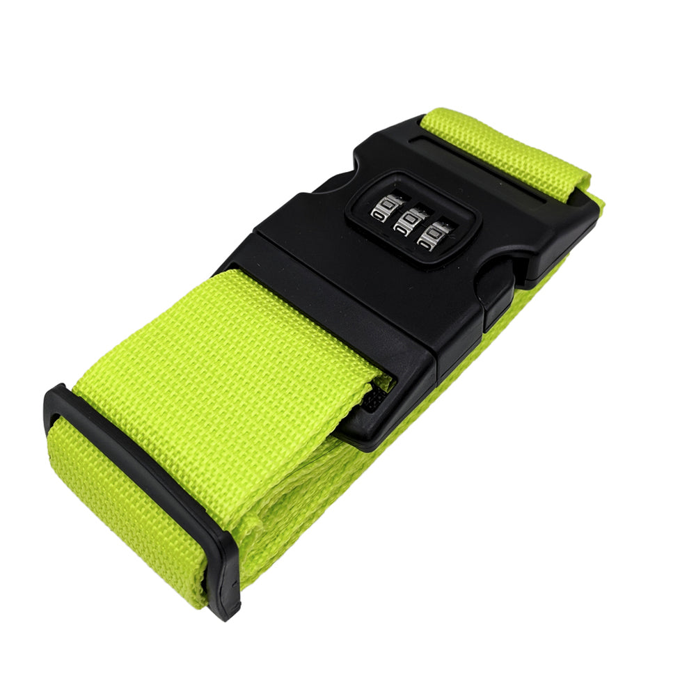 Cintura bagaglio verde con chiusura a combinazione numerica nera, accessorio viaggio sicuro, regolabile, resistente, ideale per valigie e zaini.