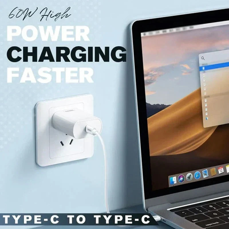 Caricatore USB-C 60W ad alta velocità collegato a laptop, ricarica rapida, compatibile Type-C, ideale per dispositivi elettronici portatili.