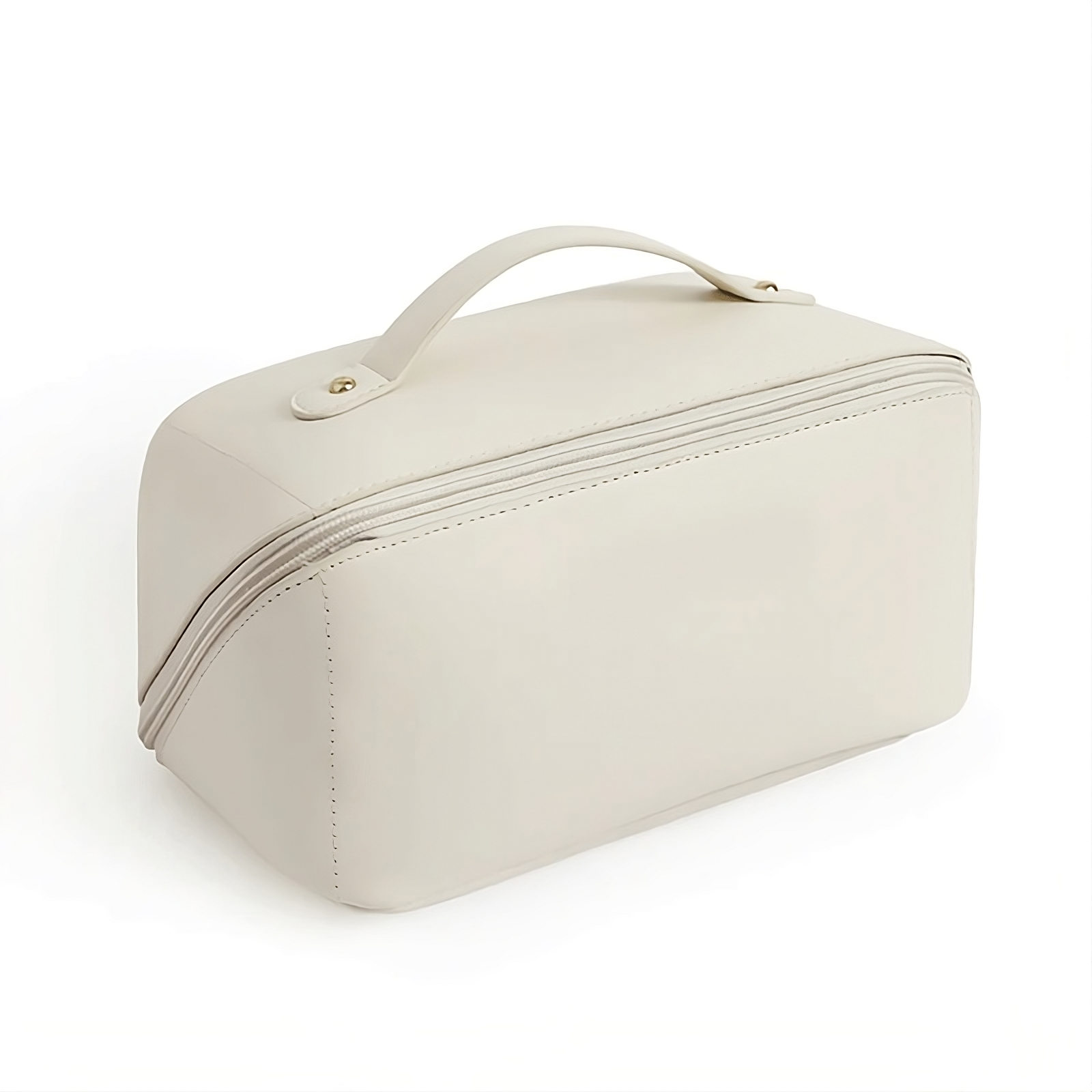 Astuccio da viaggio in pelle bianca con manico, design elegante e minimalista, ideale per cosmetici e accessori. Perfetto per organizzazione e stile.