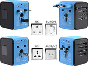 Adattatore universale da viaggio blu con prese multiple per UK, Europa, USA, Australia/NZ. Compatibile con dispositivi elettronici internazionali.