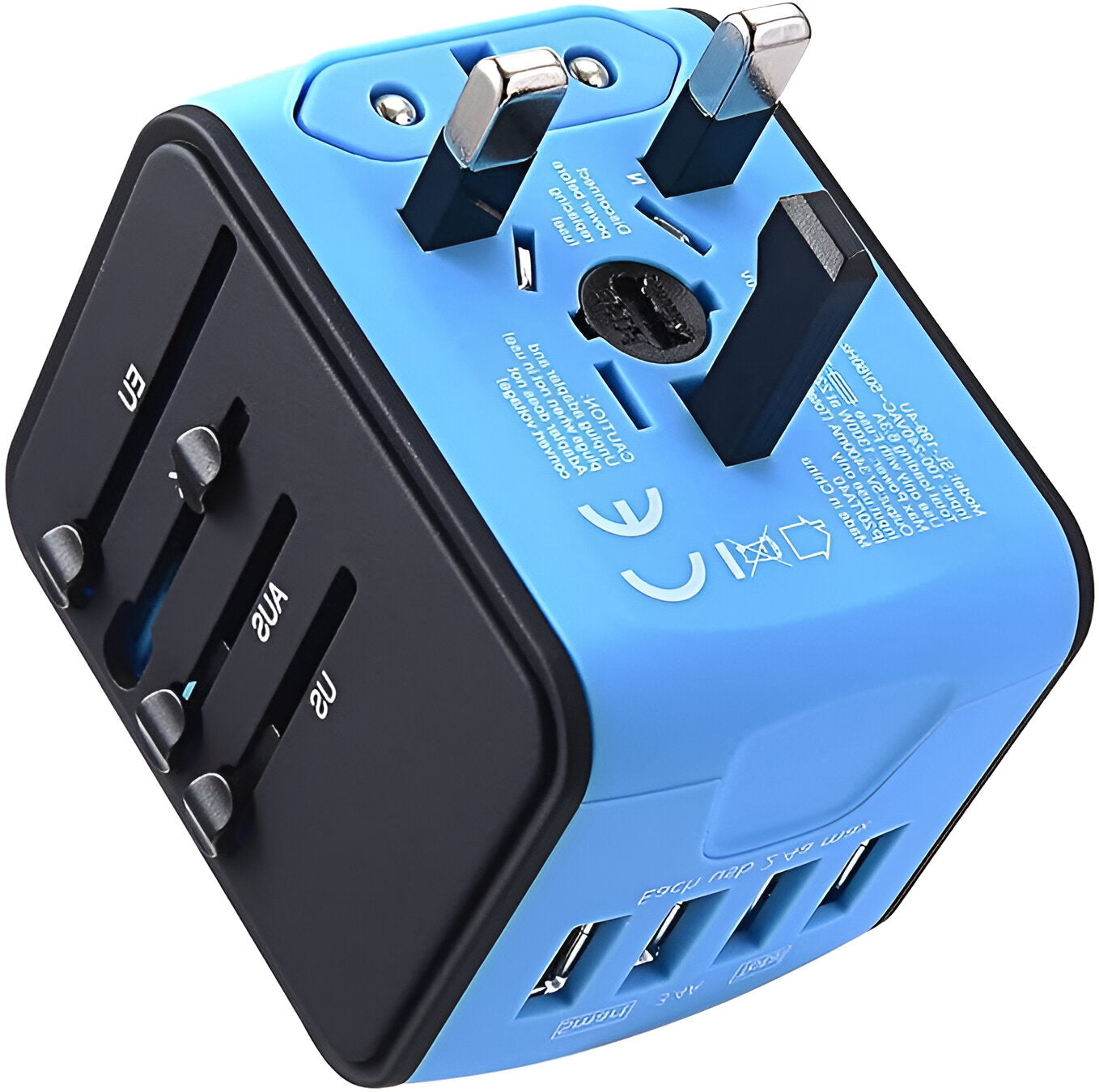 Adattatore universale da viaggio blu con prese multiple e porte USB, compatibile con standard EU, UK, USA, AUS. Accessorio essenziale per viaggi internazionali.
