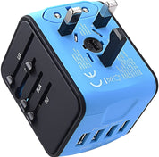 Adattatore universale da viaggio blu con prese multiple e porte USB, compatibile con standard EU, UK, USA, AUS. Accessorio essenziale per viaggi internazionali.