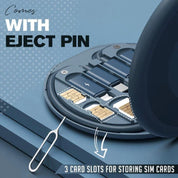 Porta SIM card blu con tre slot per schede SIM, include pin di espulsione. Accessorio compatto per smartphone, ideale per viaggi e organizzazione.