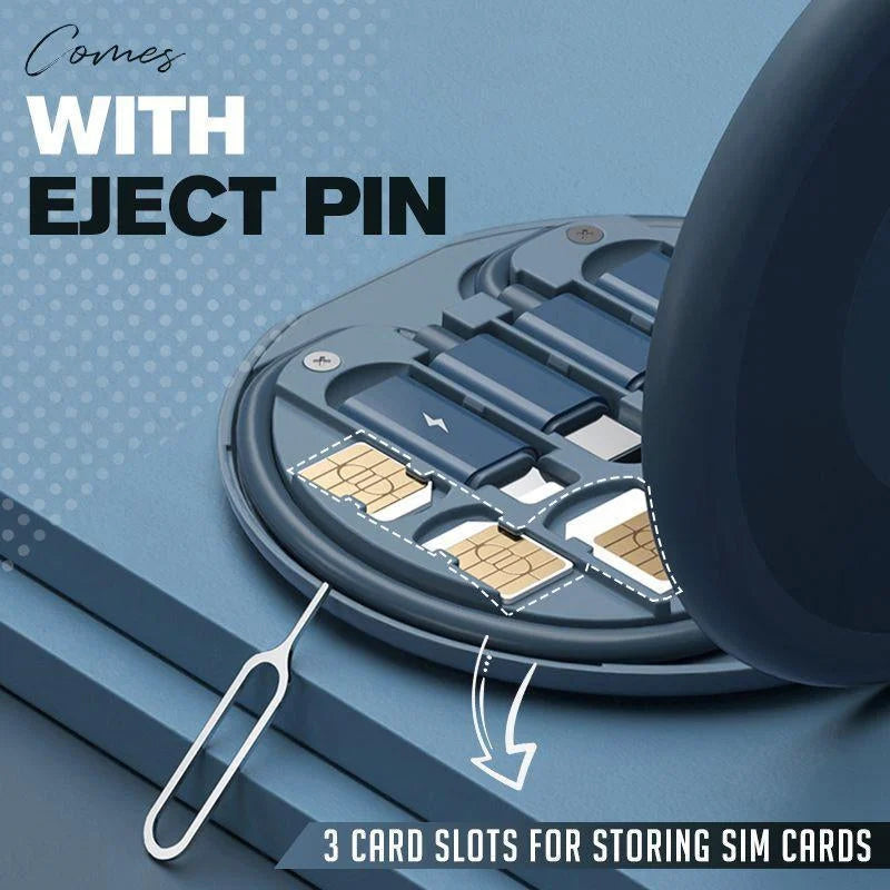 Porta SIM card blu con tre slot per schede SIM, include pin di espulsione. Accessorio compatto per smartphone, ideale per viaggi e organizzazione.