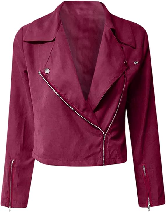 Giacca biker donna in ecopelle bordeaux, zip asimmetrica, maniche lunghe, stile casual chic. Perfetta per moda autunnale e invernale.