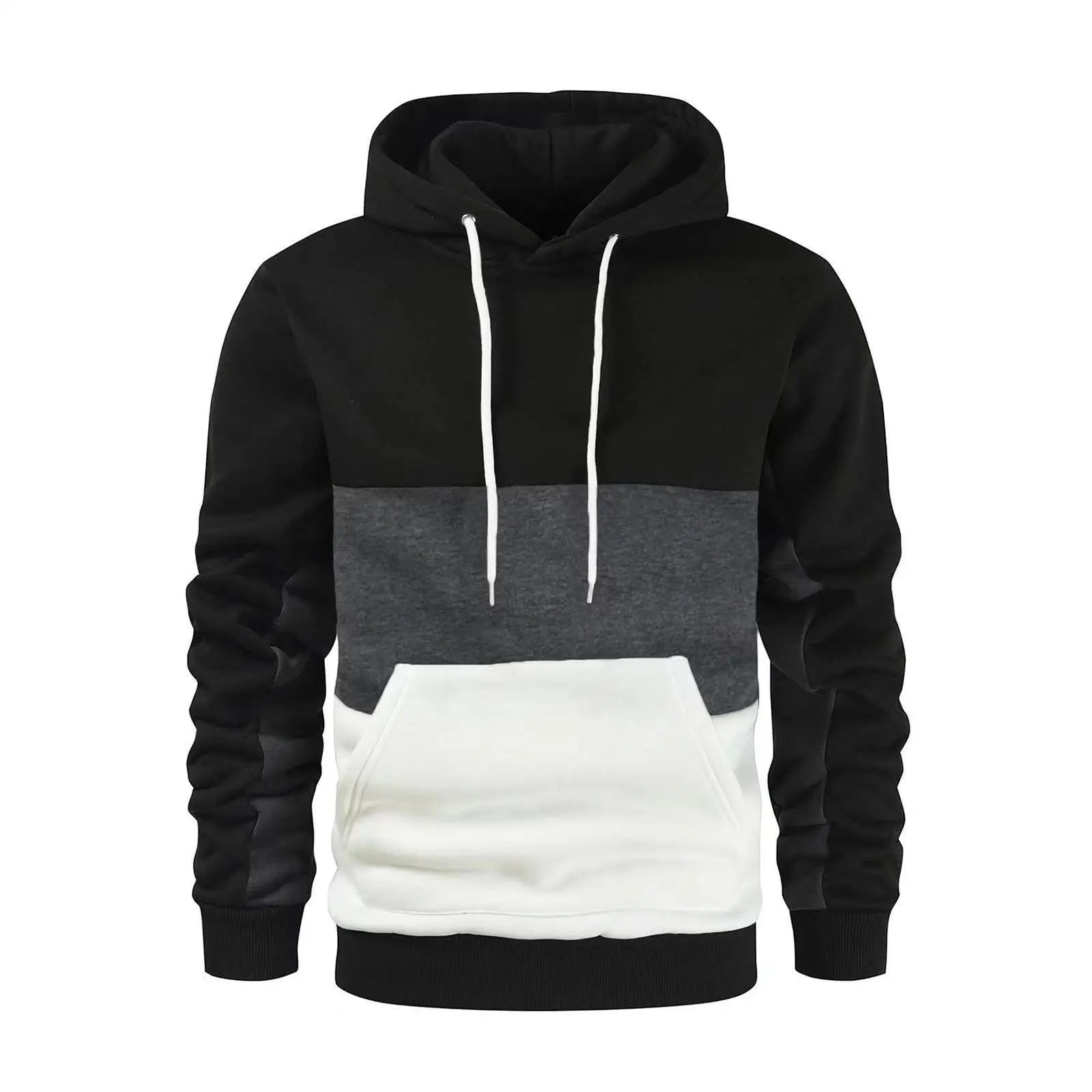 Felpa con cappuccio uomo, design a blocchi di colore nero, grigio e bianco, tasca frontale, cordini bianchi, moda casual, abbigliamento autunnale.