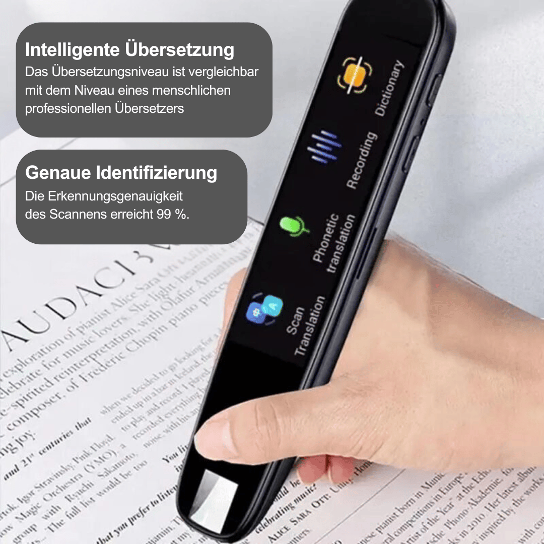 Scanner di traduzione portatile nero, display a colori, funzioni di traduzione, registrazione e dizionario, precisione del 99%, design ergonomico.