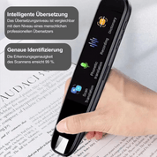 Scanner di traduzione portatile nero, display a colori, funzioni di traduzione, registrazione e dizionario, precisione del 99%, design ergonomico.