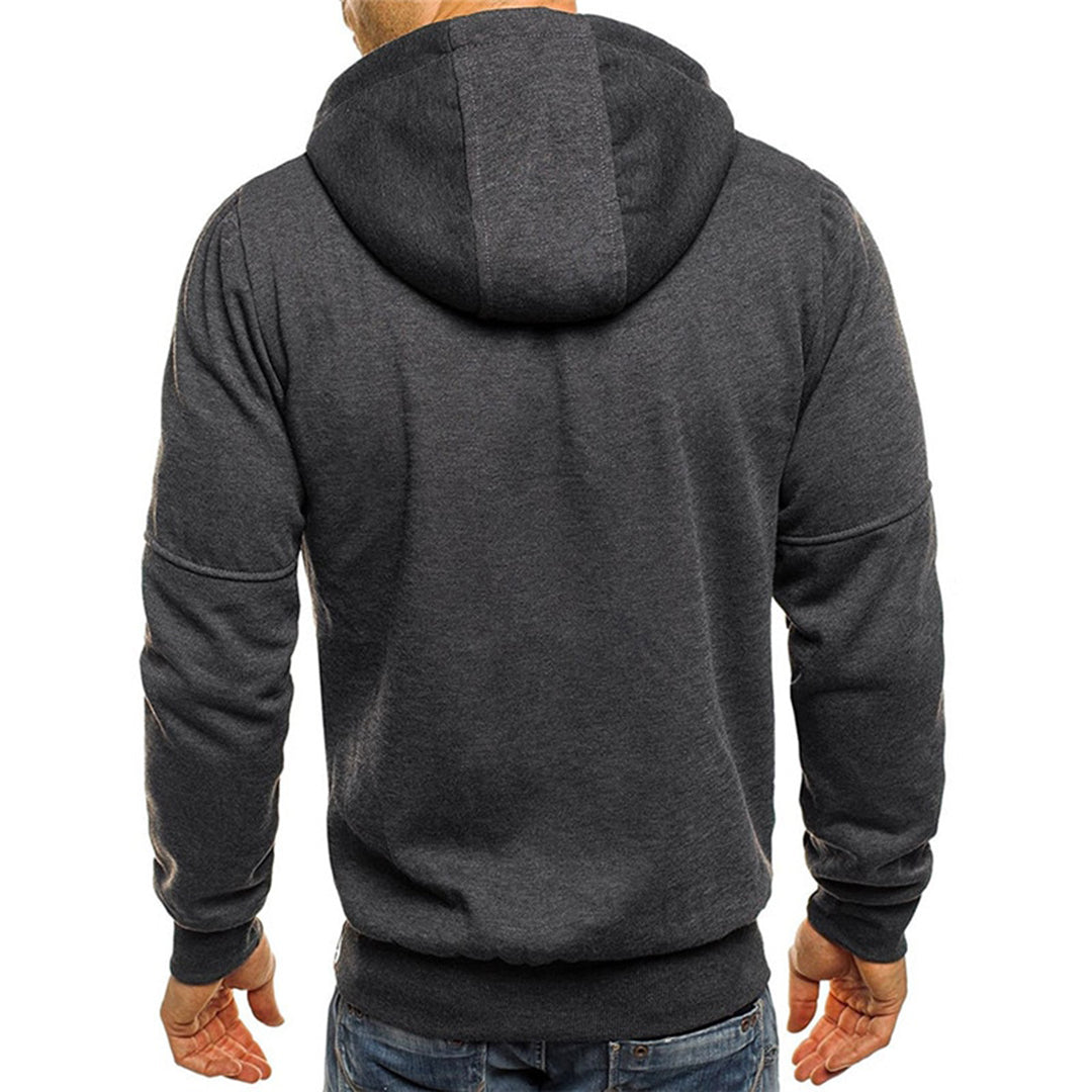 Felpa con cappuccio uomo, colore grigio scuro, vista posteriore. Design casual, tessuto morbido, ideale per abbigliamento sportivo e tempo libero.
