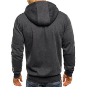 Felpa con cappuccio uomo, colore grigio scuro, vista posteriore. Design casual, tessuto morbido, ideale per abbigliamento sportivo e tempo libero.