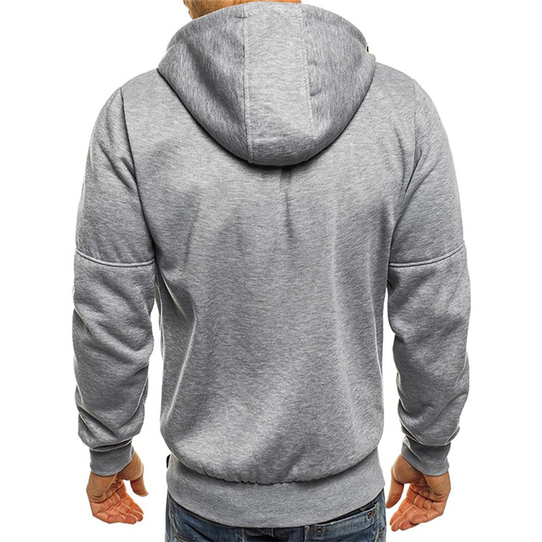Felpa con cappuccio grigia da uomo, vista posteriore, tessuto morbido, design casual, ideale per abbigliamento sportivo e tempo libero.
