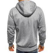 Felpa con cappuccio grigia da uomo, vista posteriore, tessuto morbido, design casual, ideale per abbigliamento sportivo e tempo libero.