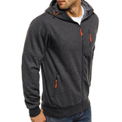 Felpa con cappuccio grigia da uomo, zip arancioni, tasche multiple, stile casual, ideale per autunno e inverno, moda maschile, abbigliamento sportivo.