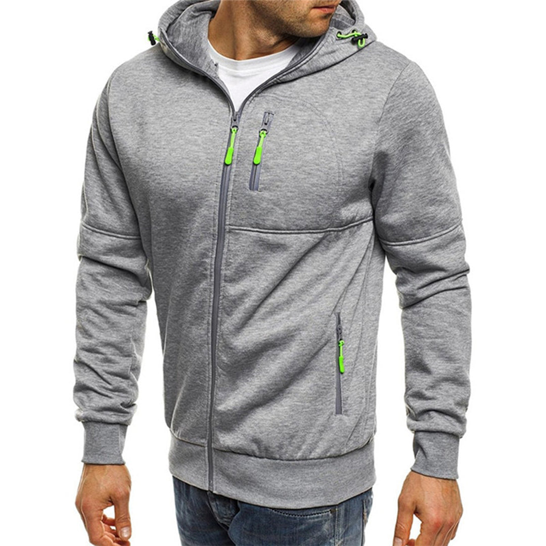 Felpa con cappuccio grigia da uomo, zip verde, tasche multiple, stile casual, ideale per sport e tempo libero. Tessuto morbido e confortevole.