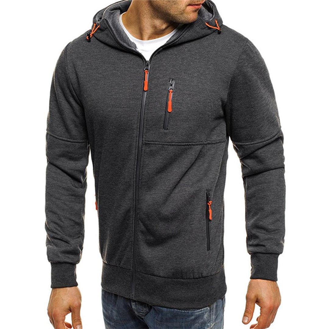 Felpa con cappuccio grigia da uomo, zip arancioni, tasche multiple, stile casual, ideale per abbigliamento sportivo e tempo libero.