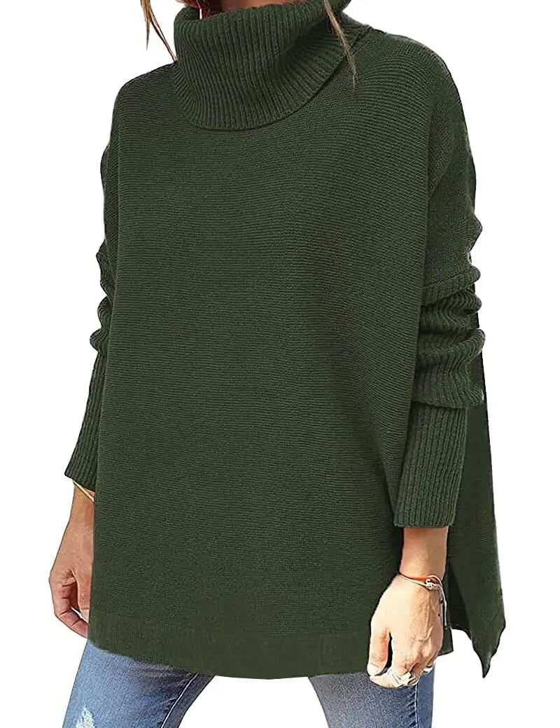 Maglione donna verde scuro a collo alto, maniche lunghe, stile casual, perfetto per l'autunno e l'inverno. Moda femminile, abbigliamento caldo.