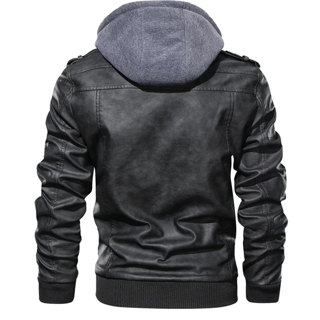 Giacca in pelle nera da uomo con cappuccio grigio, stile casual, retro, maniche lunghe, ideale per moda autunnale e invernale.