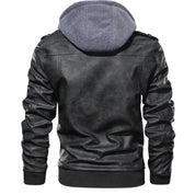 Giacca in pelle nera da uomo con cappuccio grigio, stile casual, retro, maniche lunghe, ideale per moda autunnale e invernale.