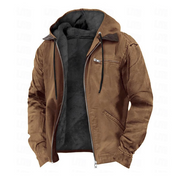 Giacca invernale uomo marrone con cappuccio, zip frontale, tasca sul petto, foderata in pile. Abbigliamento caldo e casual per l'inverno.
