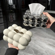 Porta fazzoletti moderno a bolle, design elegante in ceramica bianca e argento, ideale per arredamento contemporaneo, bagno o soggiorno.