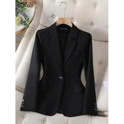 Giacca blazer nero elegante da donna su appendiabiti, design classico con bottoni, ideale per abbigliamento formale e ufficio.