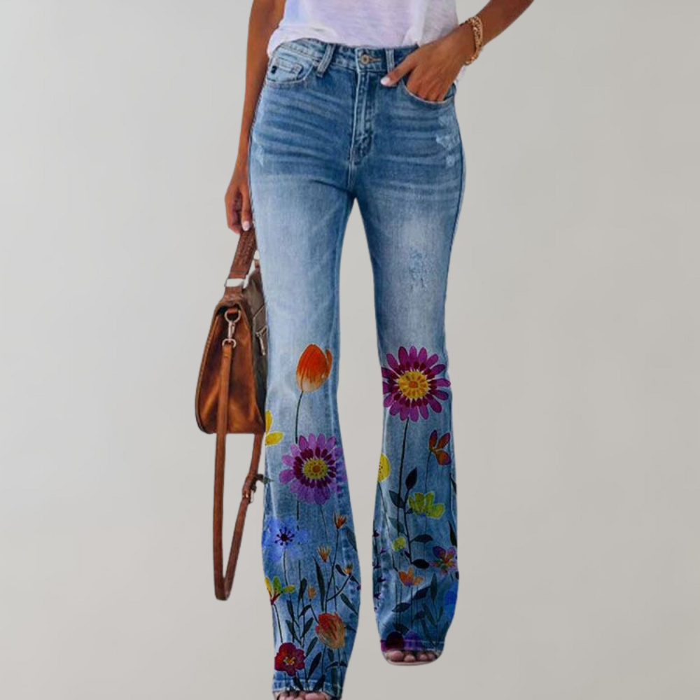 Jeans a Zampa per Donna con Stampe di Fiori e Farfalle – Comodo e Elegante per l'Estate