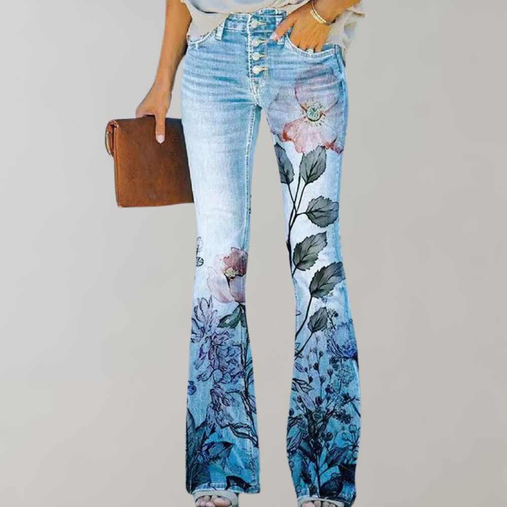 Jeans a Zampa per Donna con Stampe di Fiori e Farfalle – Comodo e Elegante per l'Estate